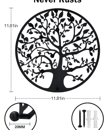 ZULONG Round Decorative Home Key Holder Wall Mount, Metal Tree Car Key Rack for Wall Organizer for Keys, Wallets, Hats, Used for Decor for House Entryway, Kitchen, Garage, Office (12" Black)