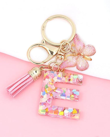 Fashion Alphabet Initial Letter Keychain Tassel Butterfly Pendant Key Ring for Purse Handbags Women Girl