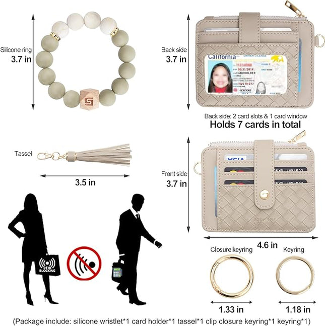 COOLANS Silicone Bracelet Wristlet Wallet Credit Card Holder RFID,ID Window,Key Ring Tassel,Slim Wallet Women Keychain Purse