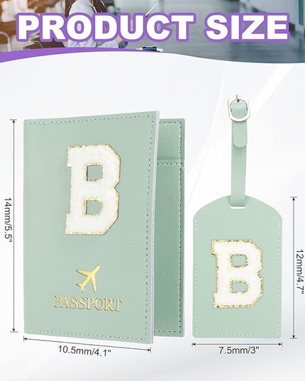 PATIKIL Passport Holder for Travel, Initial Passport Cover and Luggage Tag Set with Alphabet Chenille Letter Patch Travel Wallet Bag Suitcase Identifier for Women Family Travel Green B