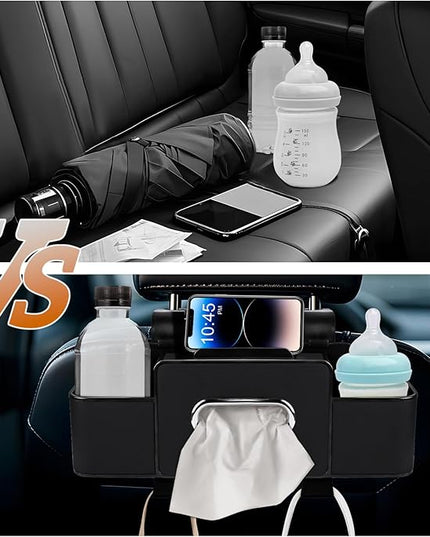Car Back Seat Organizer with Tissue, Car Seat Back Tissue Box and Storage Hook, Multifunctional Car Organizer for Hold Phone,Drinks,Handbag,Compatible with Most Vehicles (Black)