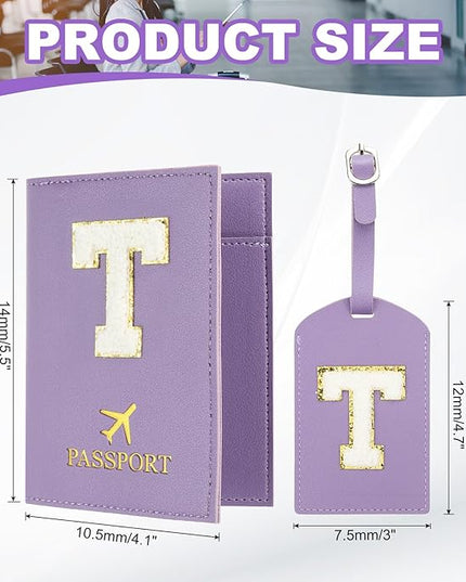 PATIKIL Passport Holder for Travel, Initial Passport Cover and Luggage Tag Set with Alphabet Chenille Letter Patch Travel Wallet Bag Suitcase Identifier for Women Family Travel Purple T