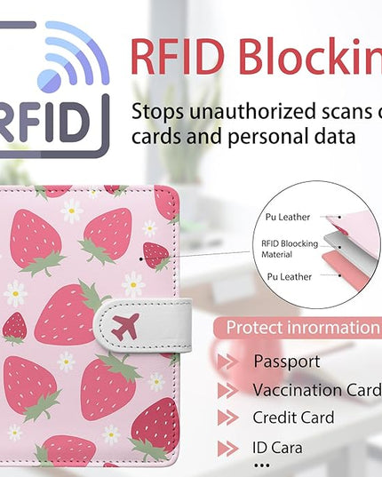 Passport Holder, Travel Wallet Cover with Pen Loop | Cute RFID Blocking Leather Case with Magnetic Closure for Travel Essentials-Strawberry