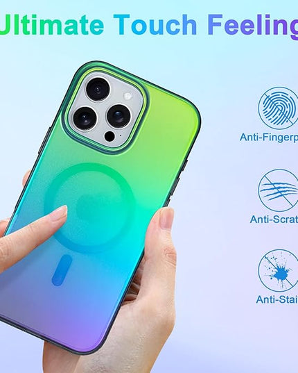 Aesthetic Case for iPhone 16 Pro Case for Women Girls [Compatible with Magsafe] Cute Girly Trendy Glitter Sparkly Rainbow Magnetic Protective Phone Cover, Matte Iridescent Blue & Green