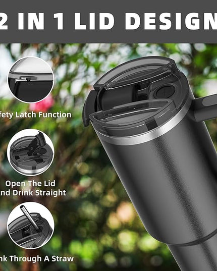 40 oz tumbler with handle and straw,Double Wall Vacuum Reusable Stainless Steel Insulated Water Bottle,With Leak Proof lid and Straw for Iced or Cold Beverages (Black)