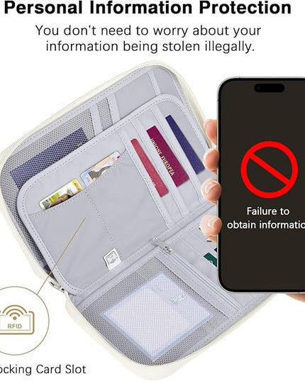 MoKo Family Passport Holder for 5, RFID Blocking Passport Wallet for Men Women, Travel Wallet Holder with Multiple Compartments, Travel Document Organzier for Cards, ID, Tickets, Keys, Beige