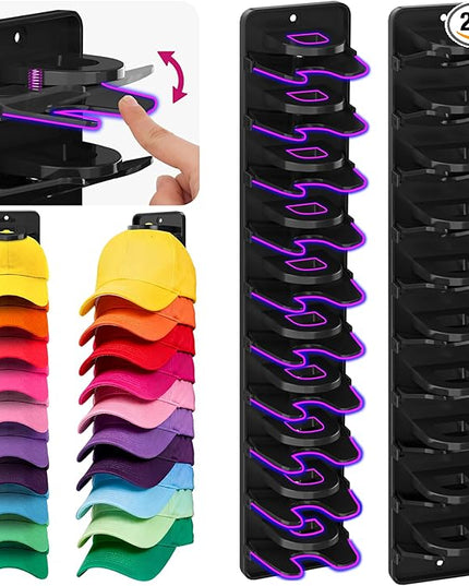 Flizubat Spring Clip Hat Organizer for Baseball Caps – 2 Pack, Wall Hat Rack for Door & Closet – Keeps 20 Hats Tidy in Garage, Dorm, Man Cave – Multi-Layer Cap Storage (Adhesive or Screws)
