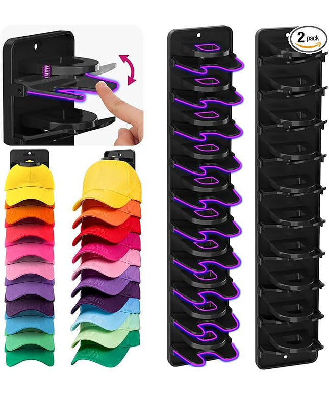 Flizubat Spring Clip Hat Organizer for Baseball Caps – 2 Pack, Wall Hat Rack for Door & Closet – Keeps 20 Hats Tidy in Garage, Dorm, Man Cave – Multi-Layer Cap Storage (Adhesive or Screws)