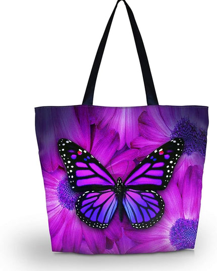 Tote Bag, Large Lightweight Waterproof Beach Shopping Bag with Zipper, Purple Big Butterfly
