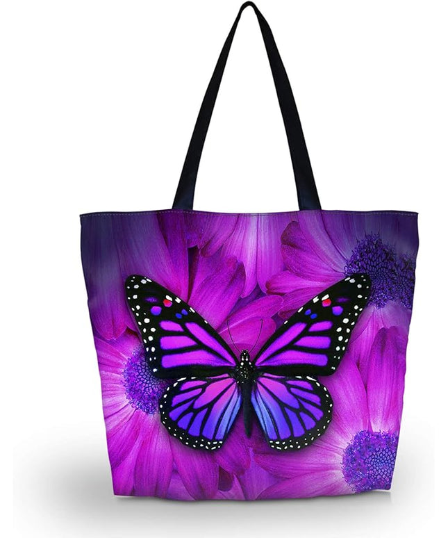 Tote Bag, Large Lightweight Waterproof Beach Shopping Bag with Zipper, Purple Big Butterfly