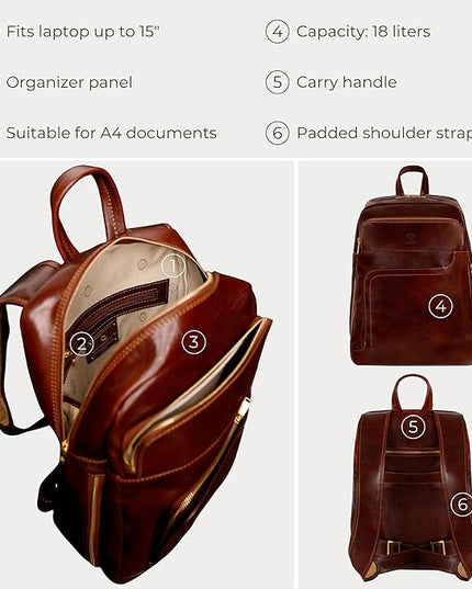 Time Resistance Leather Business Backpack - Laptop and A4 Portfolio Bag - Travel Bag Rucksack (Brown)