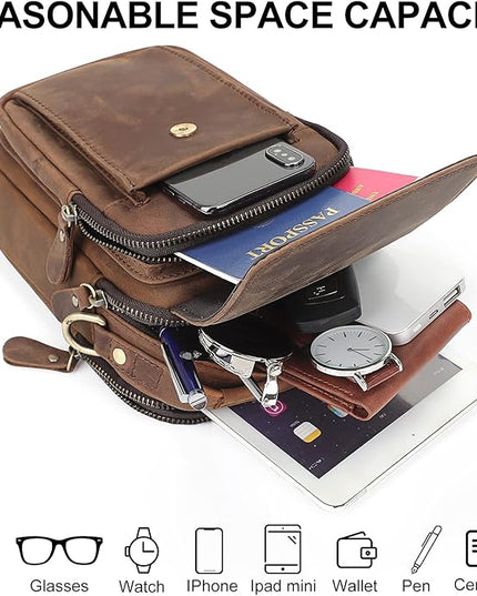 Augus Leather Small Messenger Bag For Men Crossbody Handbag Shoulder Sling Travel Bags for Men Purse Daypack Magnetic Buckle