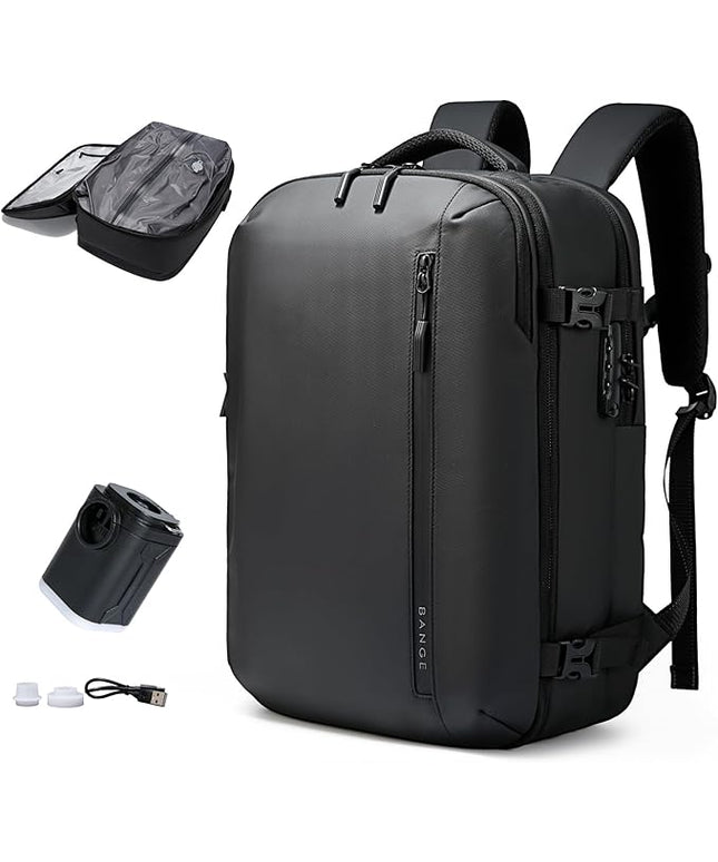 BANGE Vacuum-Seal Travel Backpack with Pump and Vacpack Compression System, Water Resistant Large Carry-On Backpack with Laptop Compartment and TSA Lock - Flight Approved, Black (With Air Pump)