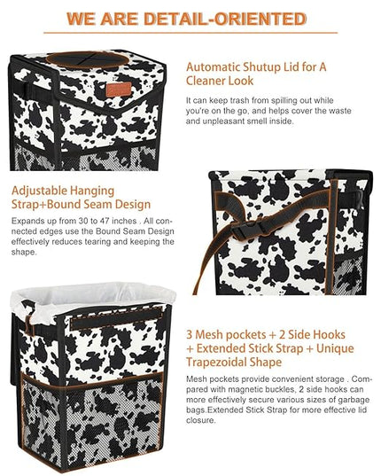 Car Trash Can with Lid, Cute Leakproof Car Trash Garbage Bag Hanging Vehicle Trash Bin Small Portable Automotive Garbage Cans Organizer for Back/Front Seat/Console(2.8 Gallons,Cow Print)