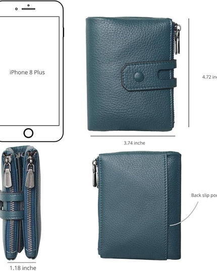 Bveyzi Small Soft Leather Wallet for Women RFID Blocking Ladies Card Holder with Double Zipper Pocket