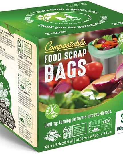 UNNI Compostable Trash Bags, 3 Gallon / 11.35 Liter, 100 Count, Extra Thick 0.71 Mil Small Kitchen Food Scrap Bin Liners, Certified by BPI, CMA & OK compost HOME, Meets the ASTM D6400 Standard