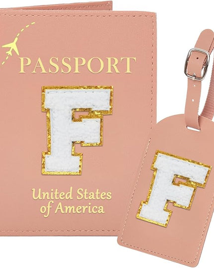 Initial Passport Cover Holder and Luggage tag Set,PU Leather Passport Case Travel Suitcase Tag with Letter Patch, Personalized Travel Luggage Accessories Gifts for Women Grils Teenage Pink F