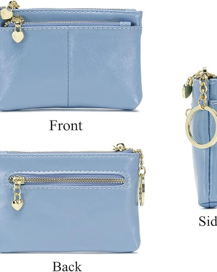 ZOOEASS Women PU Leather Zip Mini Coin Purse With Key Ring Triple Zipper Card Holder Wallet (Blue)