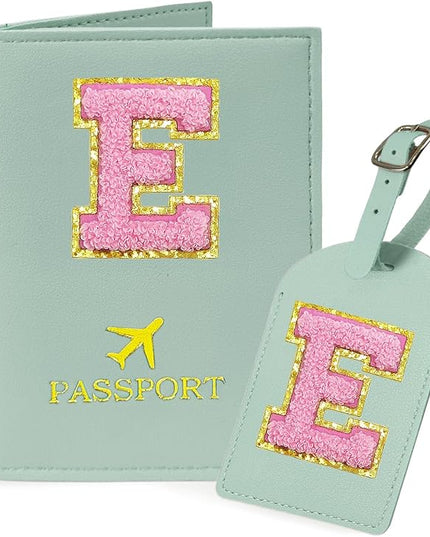 COSHAYSOO Initial Passport Cover Luggage Tag Set Letter Passport Holder Airplane Cruise Travel Essentials Vacation Traveling Accessories Personalized Gifts for Women Teen College Girls Teal E
