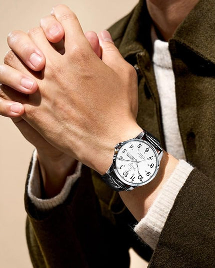 Men's Watches Leather Band Stainless Steel Quartz Analog Watch Luxury Waterproof Watches for Men Dress Men's Wrist Watch with Day Date Arabic Numeral Relojes para Hombre