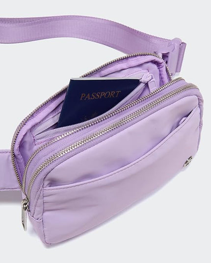 Pander Everywhere Belt Bag for Women, 5 Zipper Pockets Nylon Crossbody Fanny Pack Purse (Lilac Purple).