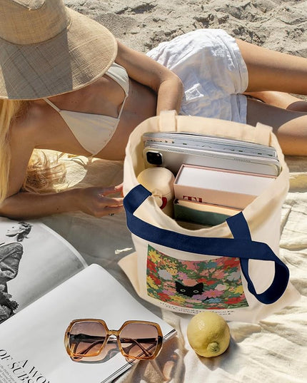 Aesthetic Canvas Tote Bag - Reusable Shoulder Tote Bag for Women Lady Casual Vacation, Shopping, Work, Gym