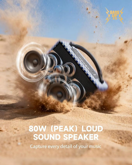 DINDIN Portable Bluetooth Speaker: 80W (Peak), 20H Playtime, Loud Wireless Wood Speakers with Bass, AUX and USB Input, Subwoofer, TWS Pairing, Vintage Speaker for Outdoor, Home, Office (Blue+White)