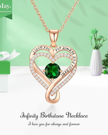 Infinity Love Heart Birthstone Necklace for Women Wife, S925 Sterling Silver Anniversary for Women Wife Birthday Gift for Her Girlfriend Mom Daughters, I Love You Women's Jewelry 18k Rose Gold Filled
