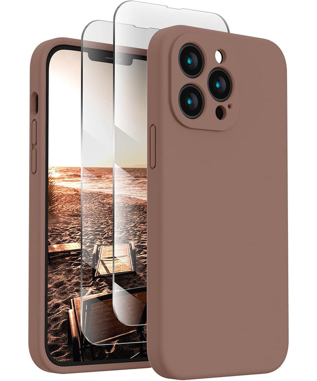 FireNova Designed for iPhone 13 Pro Max Case, Silicone [Camera Protection] Phone Case with [2 Screen Protectors], Soft Anti-Scratch Microfiber Lining Inside, 6.7 inch, Light Brown