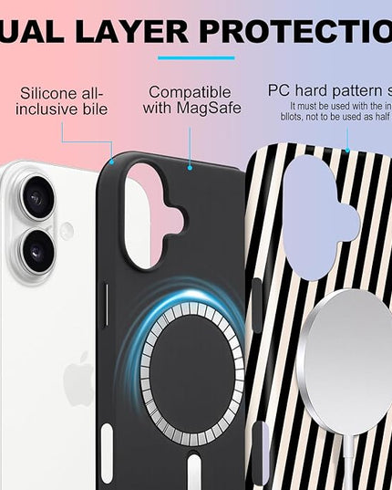 Magnetic for iPhone 17 Case Cute Diagonal Stripes Phone Case, Shockproof Slim TPU and Hard PC Protective Phone Cover Compatible with MagSafe Designed for Women Girls,Black and White