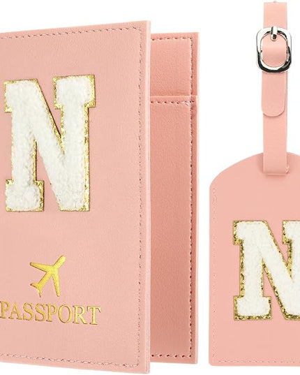 PATIKIL Passport Holder for Travel, Initial Passport Cover and Luggage Tag Set with Alphabet Chenille Letter Patch Travel Wallet Bag Suitcase Identifier for Women Family Travel Pink N