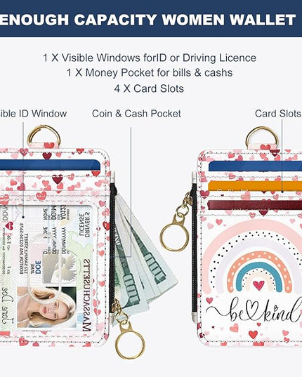 Slim Wallet Credit Card Holder, Rainbows A, RFID Wallet Women Cute Small Front Pocket Wallet With Zipper, PU Leather Thin travel RFID Blocking Card Case ID Window,Ladies Gifts