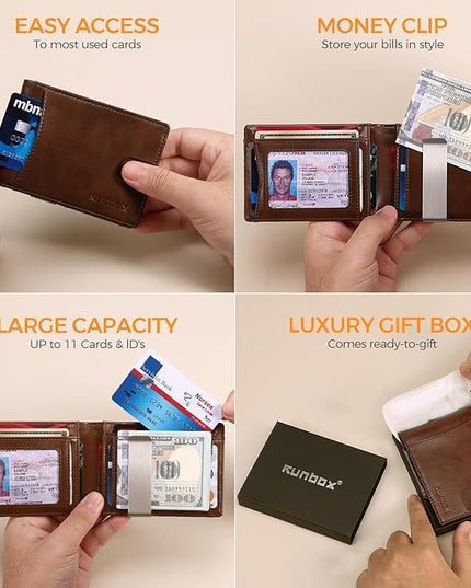 RUNBOX Slim Money Clip Wallets for Men RFID Blocking 11 Card Holder Minimalist Small Leather Bifold Men's Front Pocket Wallet Gift Box
