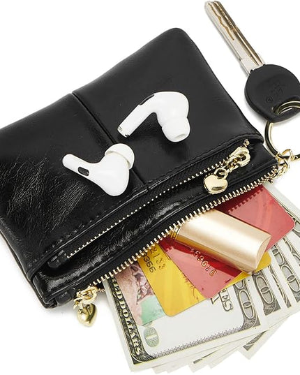 ZOOEASS Women PU Leather Zip Mini Coin Purse With Key Ring Triple Zipper Card Holder Wallet(Black)
