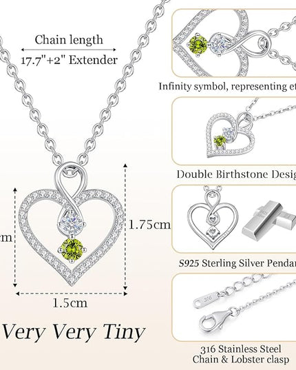 LOUISA SECRET Infinity Double Birthstone Necklace, 925 Sterling Silver Tiny Pendant Heart Necklace for Women Wife Her, Best Jewelry Gift Heart Jewelry Meaningful Gift for Valentine's Day, Christmas, Birthday Anniversary