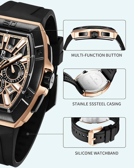 Paras Crown Watches for Men Tonneau 5ATM Waterproof Quartz Luxury Chronograph Analog Men's Wrist Watches Stainless Steel Case Mens Watches