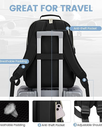 LOVEVOOK Leather Backpacks for Women,17.3 inch Leather Laptop Backpack Women Computer Backpack Laptop Bag,Stylish Quilted Travel Backpack Purse Work Bag College Teacher Backpacks with USB Port,Black