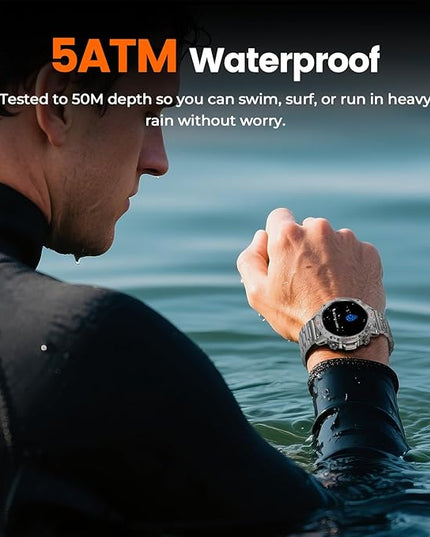 WalkerFit Smart Watch for Men, 1.43" Round AMOLED, 5ATM Waterproof for Swim, Heart Rate & Sleep Monitor, Long Battery, Outdoor Activity Tracker, Voice Control&Bluetooth Call, for iPhone Android,Silver