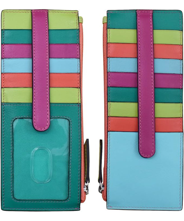 ili New York Long Double Sided Slim Wallet, RFID Blocking Card Holder with ID Window and Side Zip Pocket for Men and Women, Paradise Multi