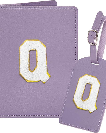 Initial Passport Cover Holder and Luggage tag Set,PU Leather Passport Case Travel Suitcase Tag with Letter Patch, Personalized Travel Luggage Accessories Gifts for Women Grils Teenage Purple Letter Q