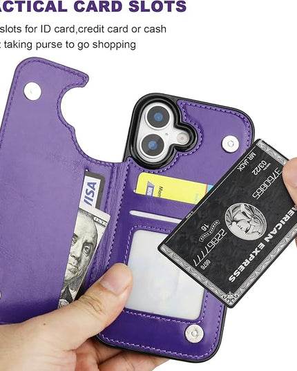 ONETOP Compatible with iPhone 17 Wallet Case with Card Holder, PU Leather Kickstand Card Slots Case, Double Magnetic Clasp and Durable Shockproof Cover 6.3 Inch (Purple)