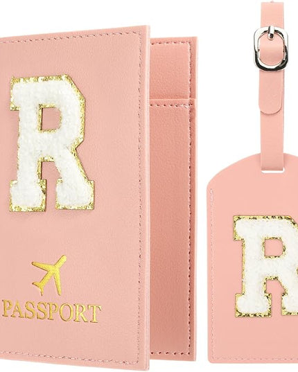 PATIKIL Passport Holder for Travel, Initial Passport Cover and Luggage Tag Set with Alphabet Chenille Letter Patch Travel Wallet Bag Suitcase Identifier for Women Family Travel Pink R