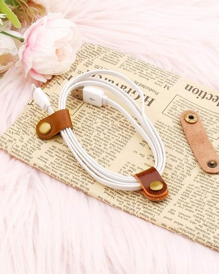 10 Pcs Cord Organizer, Stocking Stuffers for Men Portable Earphone Cord Holder Winder Keeper, Leather Cable Cord USB Straps, Leather Handmade (Light Brown)
