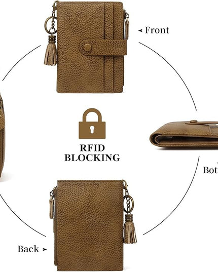 Blucoay Leather Wallet Women,RFID Blocking Small Wallet for Women Compact Card Holder Bifold Tassel Wallet Coin Purse With ID Window light khaki