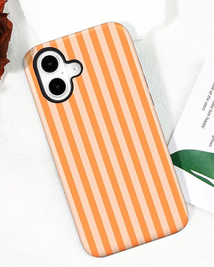 Magnetic for iPhone 16 Plus Case Cute Stripes Phone Case, Shockproof Slim TPU and Hard PC Protective Phone Cover Compatible with MagSafe Designed for Women Girls, Orange