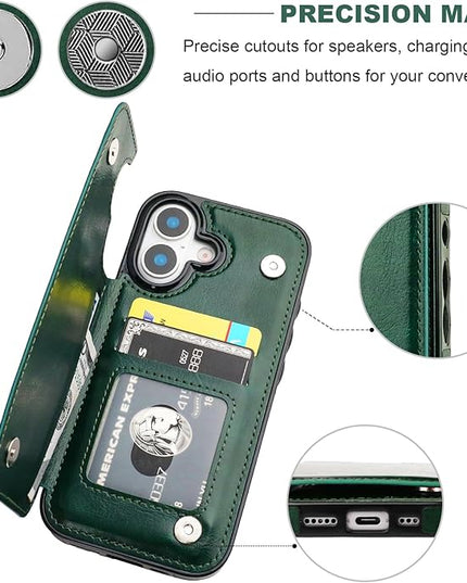 ONETOP Compatible with iPhone 17 Wallet Case with Card Holder, PU Leather Kickstand Card Slots Case, Double Magnetic Clasp and Durable Shockproof Cover 6.1 Inch (Green)