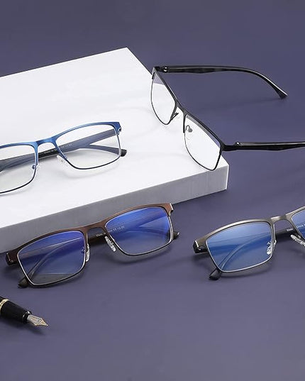 4-Pack Blue Light Blocking Reading Glasses for Men Stylish Metal Frame Readers with Comfort Spring Hinges Anti Glare UV Filter Eyeglasses, +1.75 STRENGTH