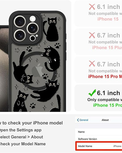 Cute Magnetic Case for iPhone 15 Pro Case [ Compatible with MagSafe ] with Black Cat Cats Pattern Design for Women Girls Boys, Soft Bumper Hard Back Kawaii Animal Protective Phone Cover