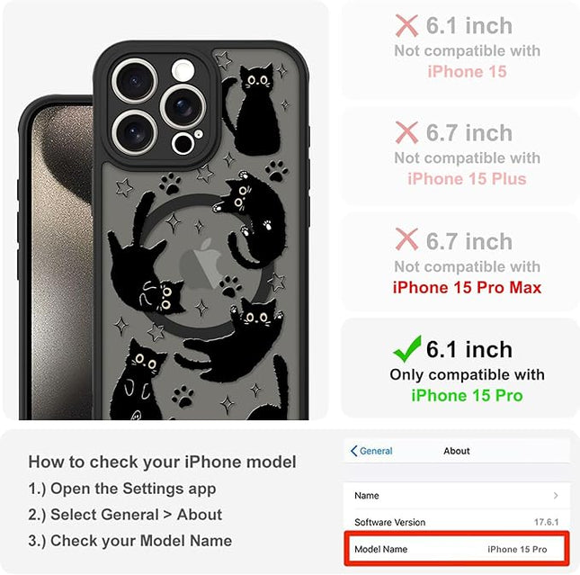 Cute Magnetic Case for iPhone 15 Pro Case [ Compatible with MagSafe ] with Black Cat Cats Pattern Design for Women Girls Boys, Soft Bumper Hard Back Kawaii Animal Protective Phone Cover