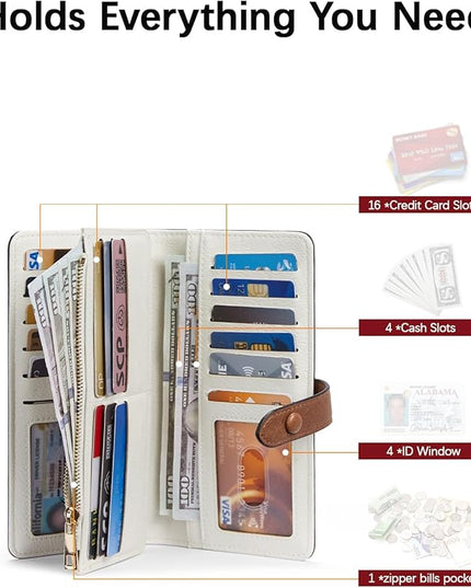 BOSTANTEN Womens Leather Wallets RFID Blocking Large Capacity Trifold Card Holder Ladies Phone Clutch Beige＆Brown